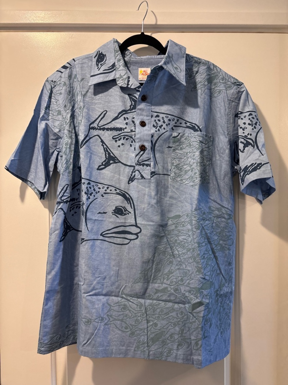 Short-Sleeve Light Blue Fish Print Camp Shirt